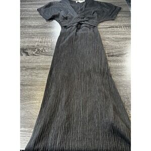 Black Maxi Dress Women's Short Sleeve V Neck Pleated Casual Elegant